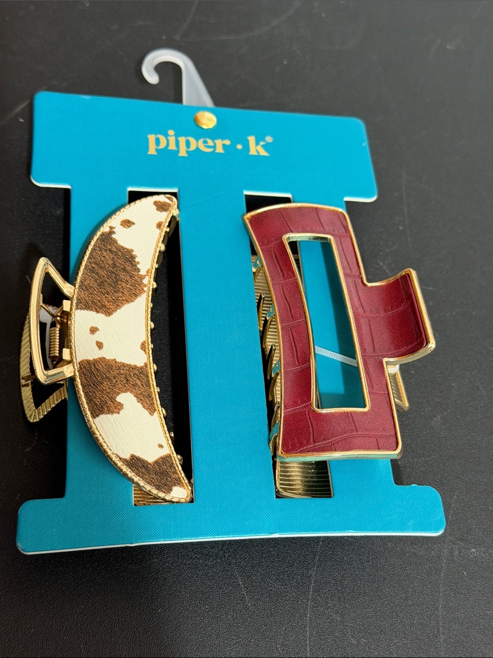 Piper K set of 2 cow print and maroon print gold claw clips
